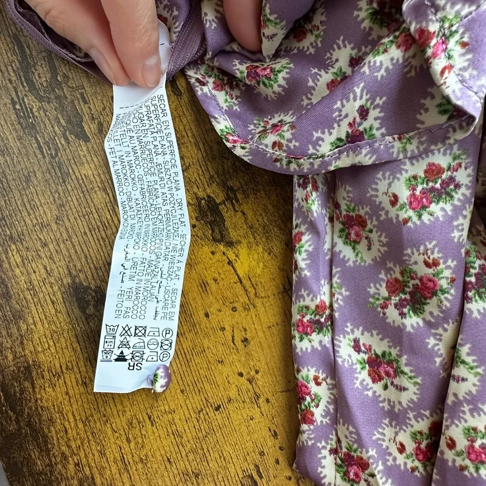 ZARA Gathered Floral Turtleneck Blouse Purple Lavender